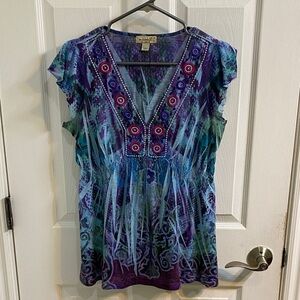 One World Top Purple Pink Embroidered Flutter Boho Fairycore Whimsigoth Medium